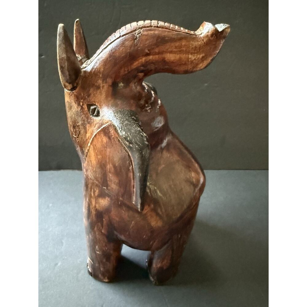 Vintage Hand Carved Wooden Elephant Figurine Statue Raised Trunk Tusks Good Luck